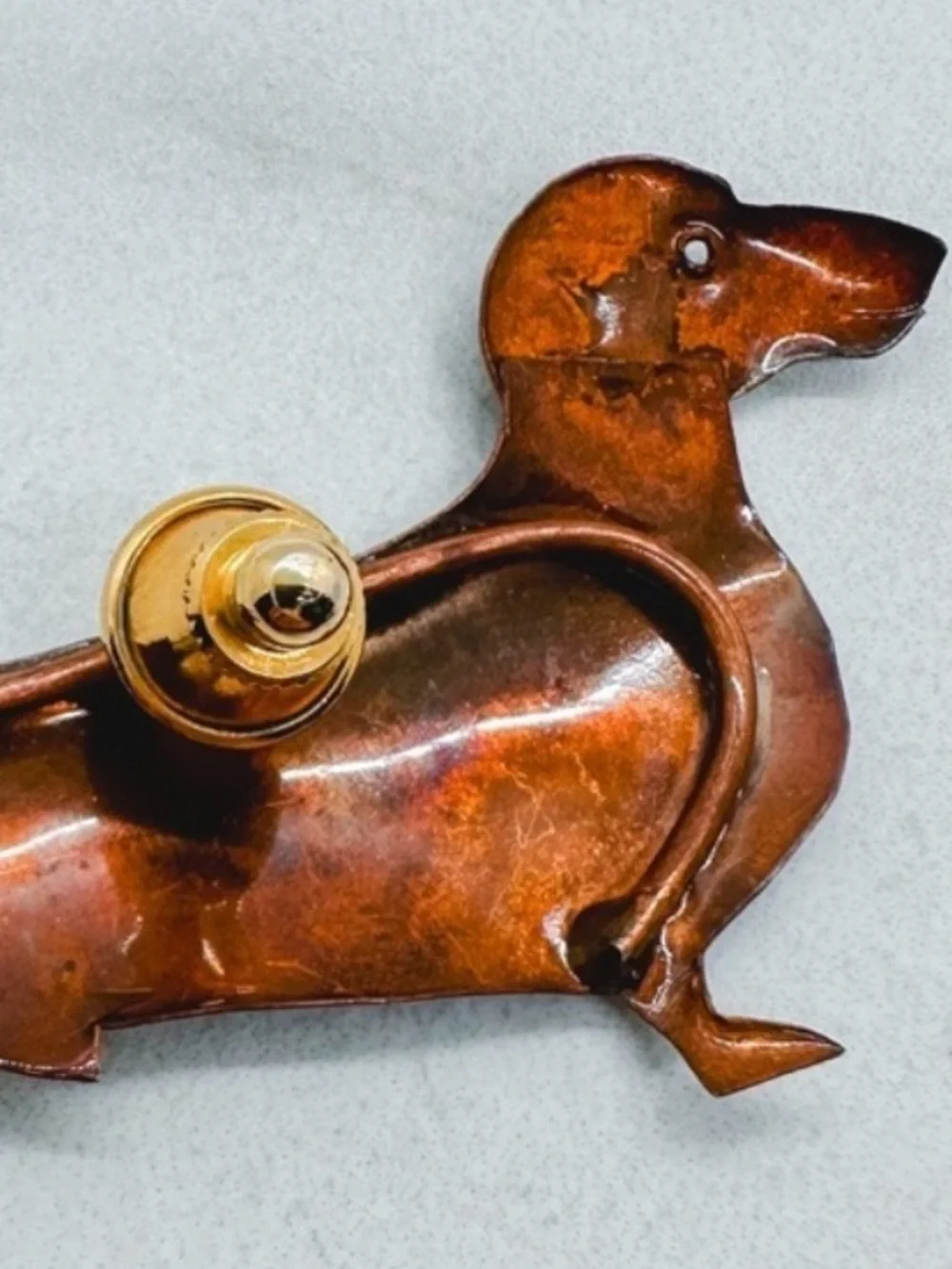 Vintage Mid-Century Brown Metal Hand Painted Dachshund Brooch / Pin